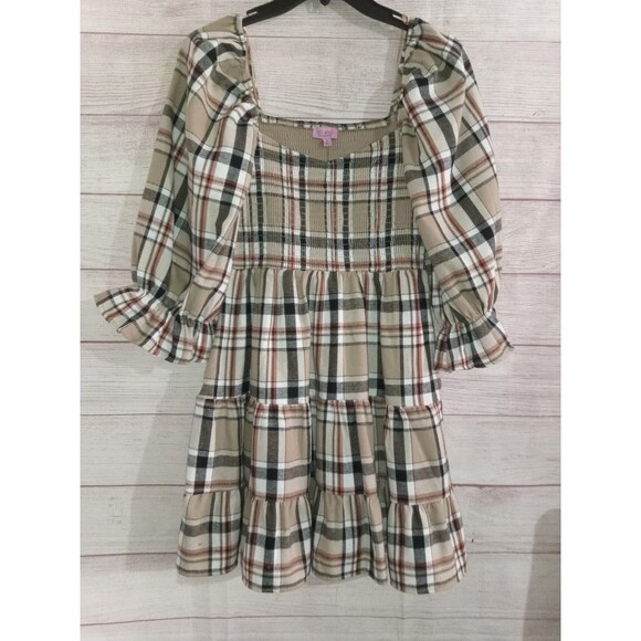 Francesca’s Miami Dress Women's Size Small  Square Neck Ruffle Plaid Brown Min - Picture 4 of 5